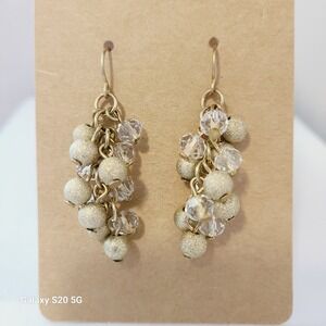 Gold Tone Dangle Earrings with Textured Beads and Faceted‎ Clear Crystals